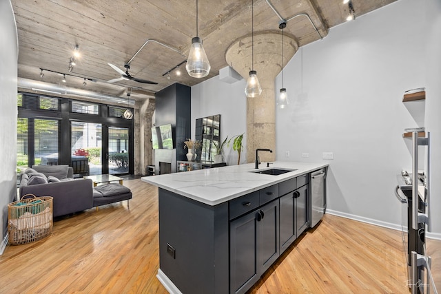 1000 W 15th St Unit 116, Chicago, IL 60608 - kitchen featuring rail lighting, a sink, dishwasher, a towering ceiling, and open floor plan