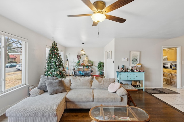 living room with ceiling fan, a healthy amount of sunlight, and wood-type flooring