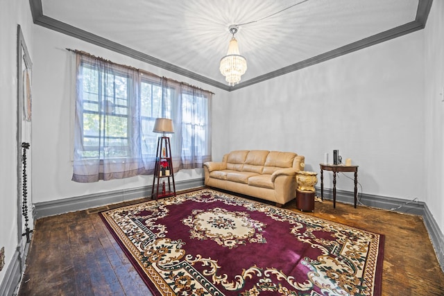 living room featuring crown molding, a baseboard radiator, dark hardwood / wood-style floors, and a chandelier