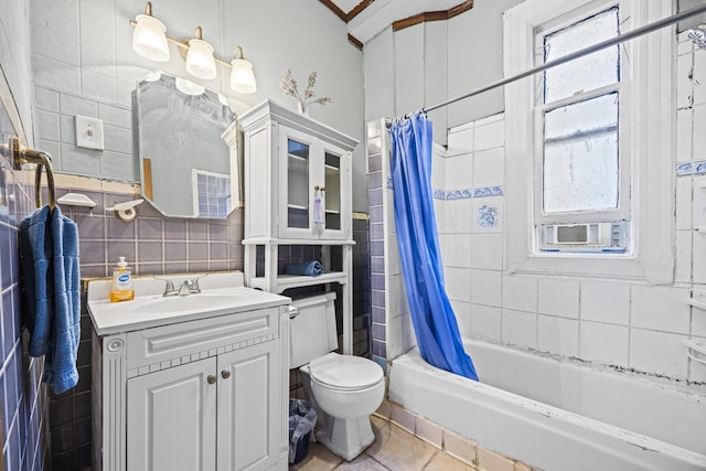 full bathroom featuring shower / bath combo, tile walls, backsplash, vanity, and toilet