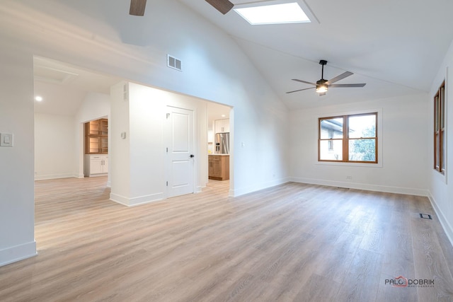 unfurnished living room with ceiling fan, lofted ceiling, and light hardwood / wood-style floors