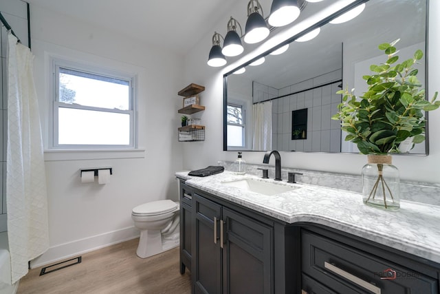 bathroom with vanity, toilet, hardwood / wood-style floors, and a wealth of natural light