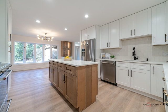 kitchen featuring sink, a center island, appliances with stainless steel finishes, white cabinets, and backsplash