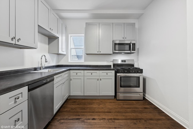 kitchen with sink, stainless steel appliances, and dark hardwood / wood-style floors