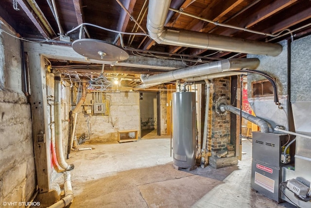 basement featuring water heater, heating unit, and electric panel