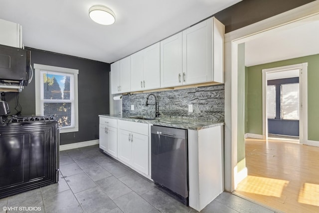 kitchen with sink, white cabinetry, light stone counters, tasteful backsplash, and dishwasher