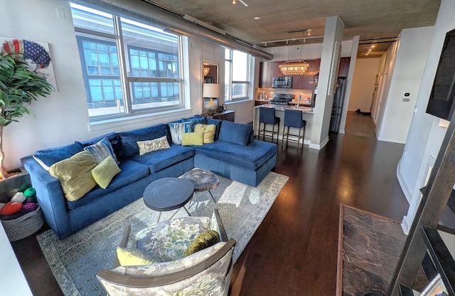 living room with dark hardwood / wood-style floors