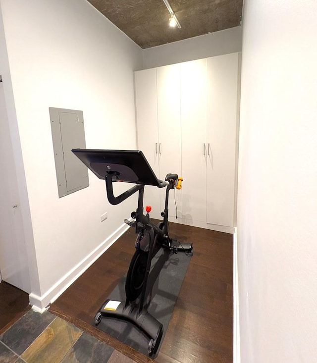 workout area with dark hardwood / wood-style flooring and electric panel