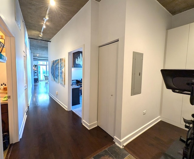 hallway with track lighting, electric panel, and dark hardwood / wood-style floors