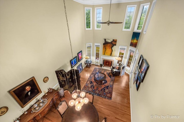 living room featuring ceiling fan, a towering ceiling, and wood-type flooring