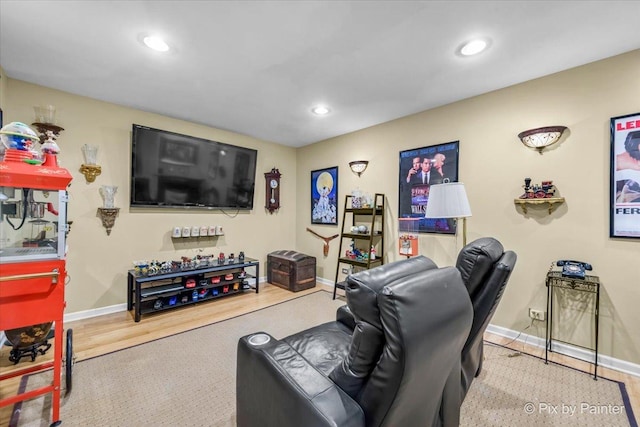 home theater room with hardwood / wood-style flooring