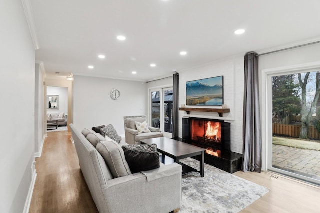 living room featuring ornamental molding, a large fireplace, and light hardwood / wood-style floors