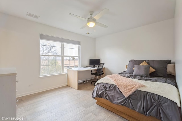 bedroom featuring ceiling fan and light hardwood / wood-style flooring