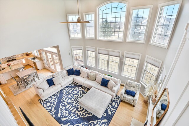 living room with crown molding, light wood-type flooring, and ornate columns