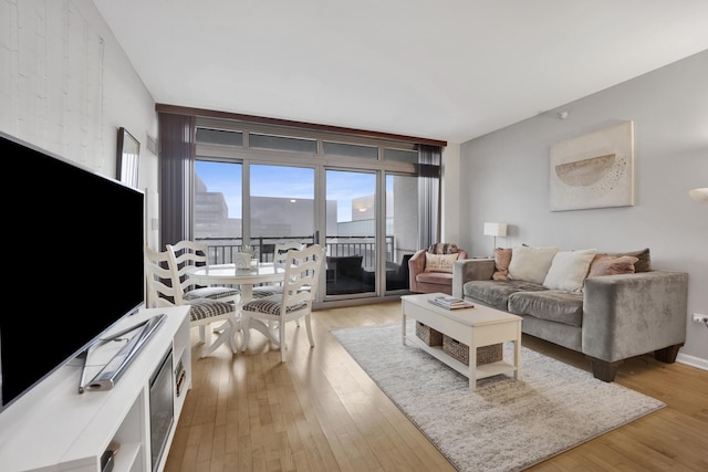 living room with expansive windows and light hardwood / wood-style floors