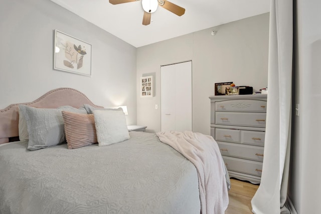 bedroom featuring ceiling fan and light wood-type flooring