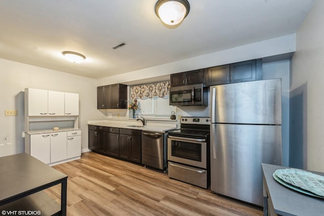 kitchen with appliances with stainless steel finishes, white cabinetry, sink, dark brown cabinets, and light wood-type flooring