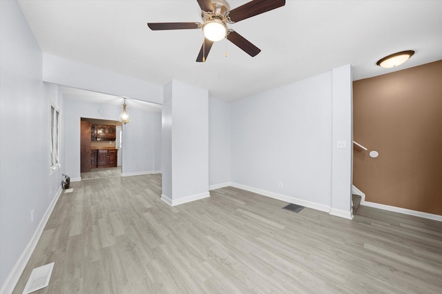 unfurnished living room with ceiling fan and light wood-type flooring