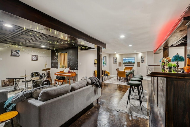 living room with concrete floors