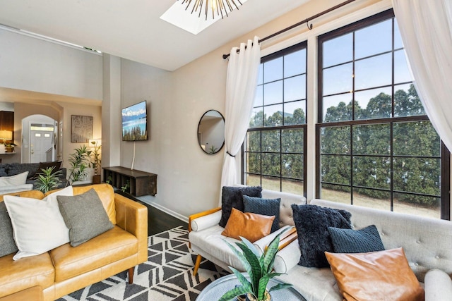 living room featuring wood-type flooring, a skylight, high vaulted ceiling, and a healthy amount of sunlight