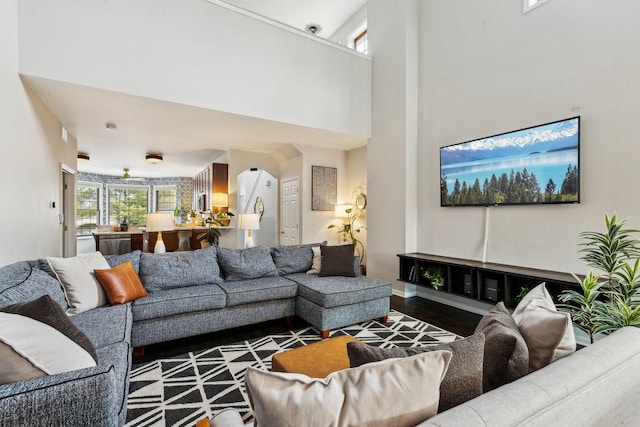 living room with a high ceiling and wood-type flooring