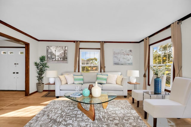 living room with wood-type flooring, plenty of natural light, and crown molding