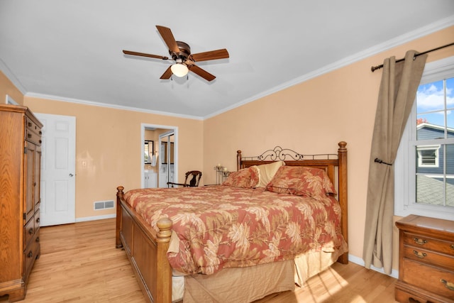 bedroom with crown molding, light wood-type flooring, and ceiling fan