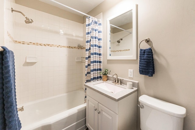 full bathroom with toilet, vanity, and shower / bathtub combination with curtain