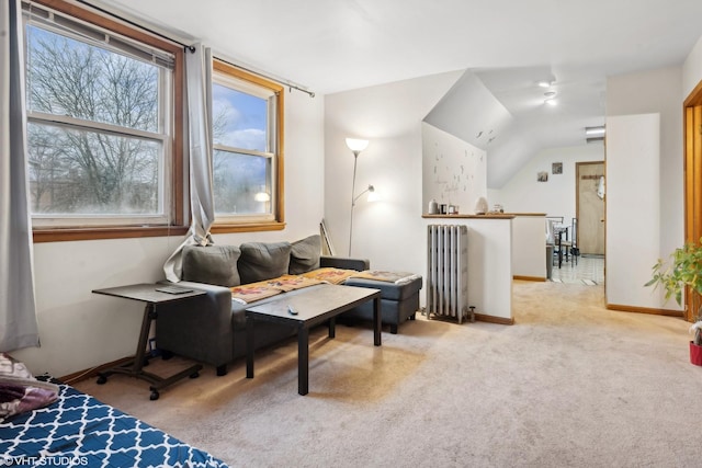 living area featuring radiator and light carpet