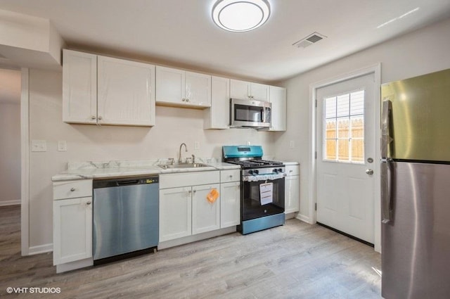 kitchen featuring white cabinetry, sink, stainless steel appliances, and light wood-type flooring