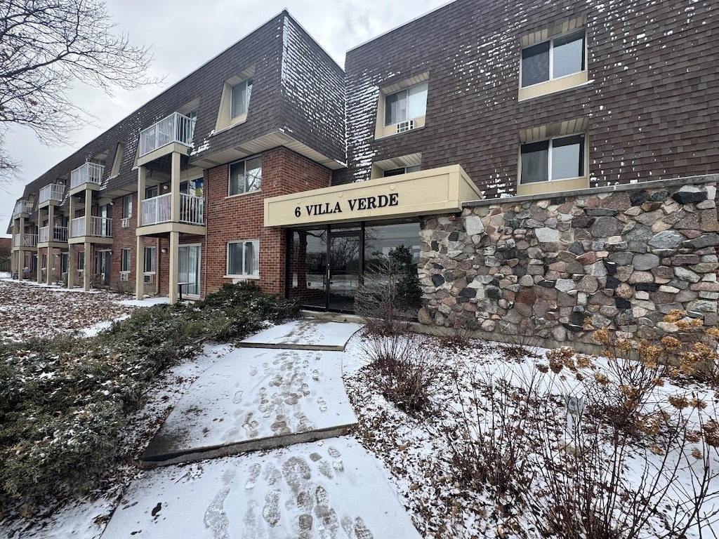 view of snow covered building