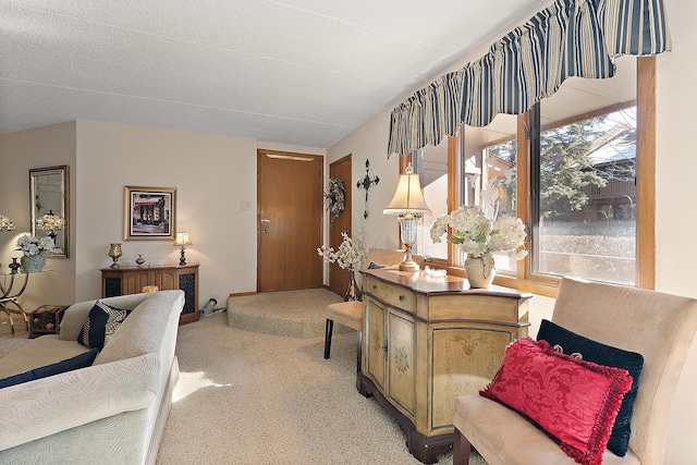 interior space featuring light colored carpet