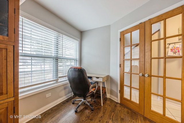 office with baseboards, dark wood finished floors, and french doors