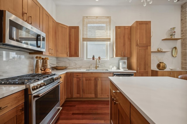 kitchen featuring dark wood-type flooring, stainless steel appliances, sink, and decorative backsplash