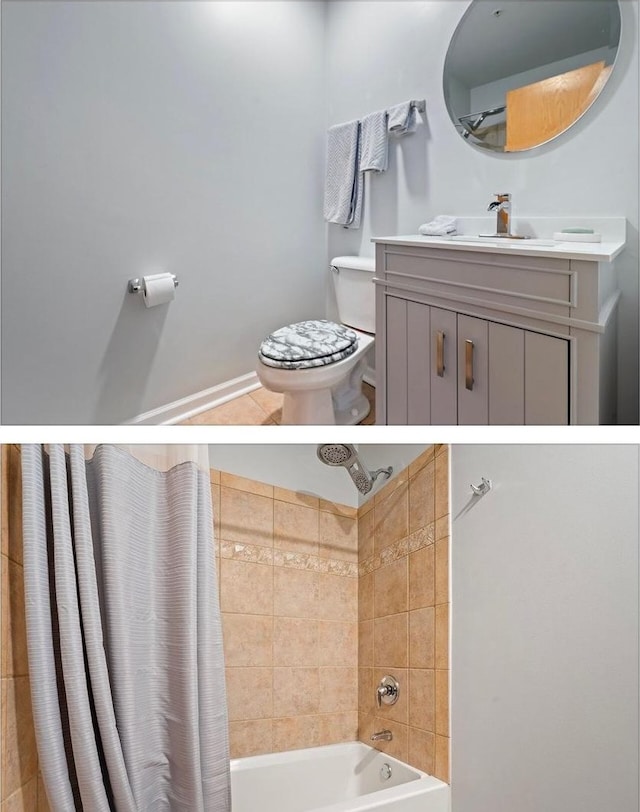 full bathroom with vanity, shower / bath combination with curtain, and toilet