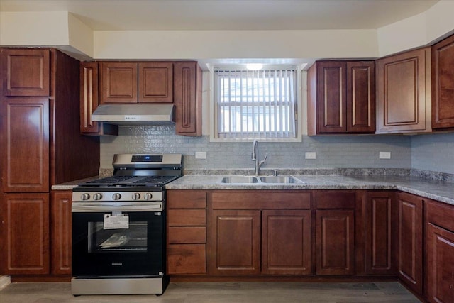 kitchen featuring tasteful backsplash, sink, light stone countertops, and gas stove