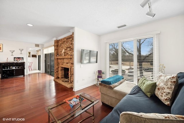 living room with a fireplace, dark wood-type flooring, and rail lighting