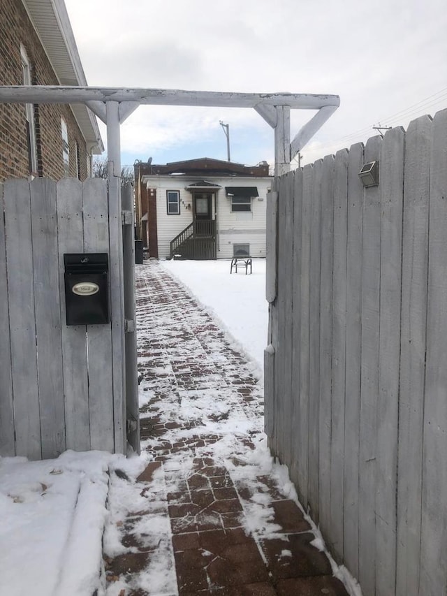 view of snow covered patio