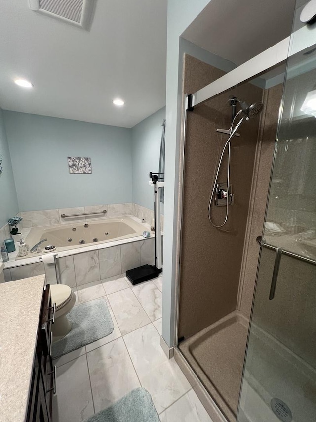 full bathroom featuring tile patterned flooring, vanity, separate shower and tub, and toilet