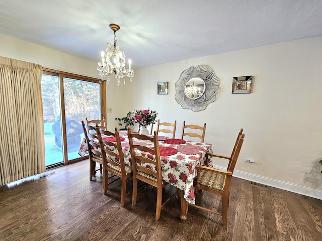 dining space with dark hardwood / wood-style floors and a notable chandelier