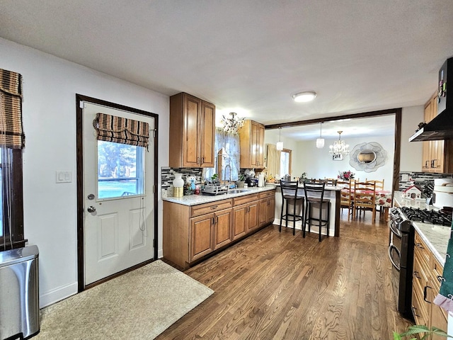 kitchen featuring sink, hanging light fixtures, dark hardwood / wood-style floors, a wealth of natural light, and range with two ovens