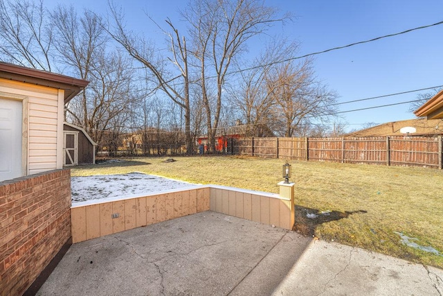 view of yard featuring a patio and a storage shed