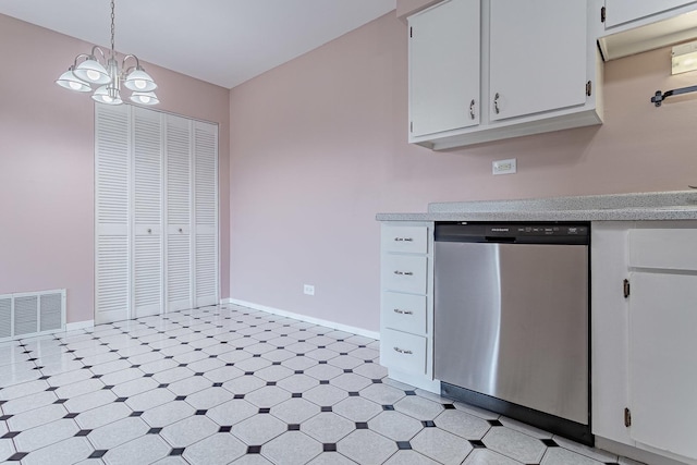 kitchen featuring pendant lighting, white cabinetry, and dishwasher