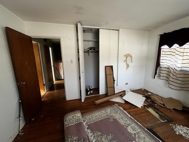 bedroom featuring dark wood-type flooring and a closet