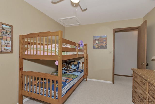 bedroom with light carpet and ceiling fan