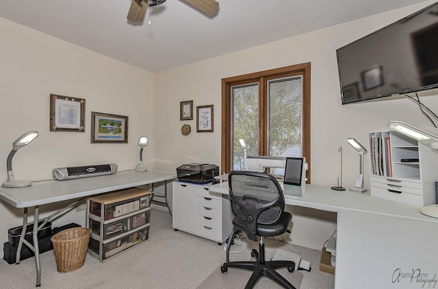 office featuring ceiling fan and light carpet