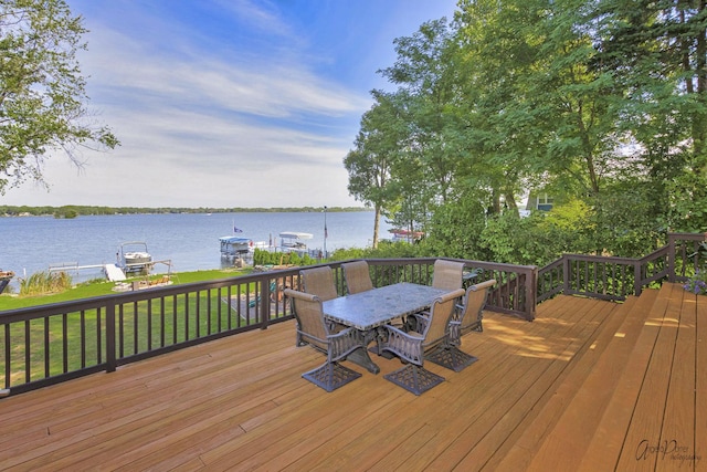 wooden deck featuring a water view and a yard