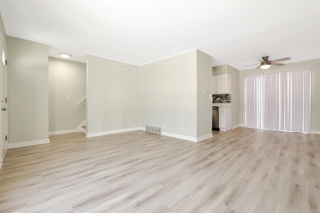 unfurnished living room with ceiling fan and light wood-type flooring