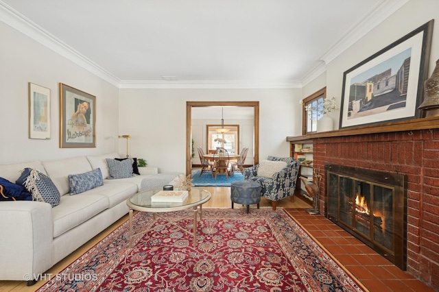 living area with a fireplace and crown molding