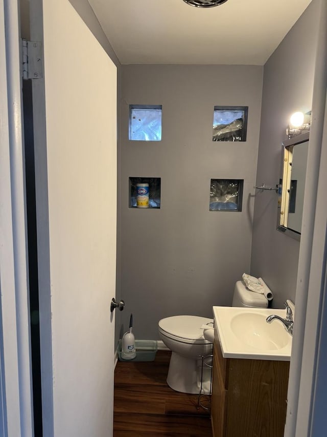 bathroom with hardwood / wood-style flooring, vanity, and toilet